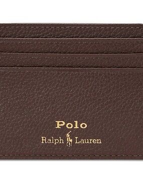Polo by Ralph Lauren Dark Brown Pebbled Leather Slim Card Holder with Gold Logo
